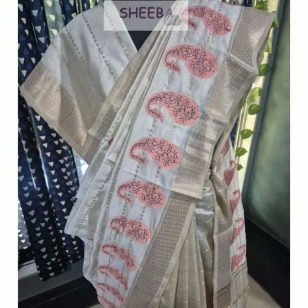 Tulasi Tusser Koyari Work Saree – Off-White with Orange Design (3)